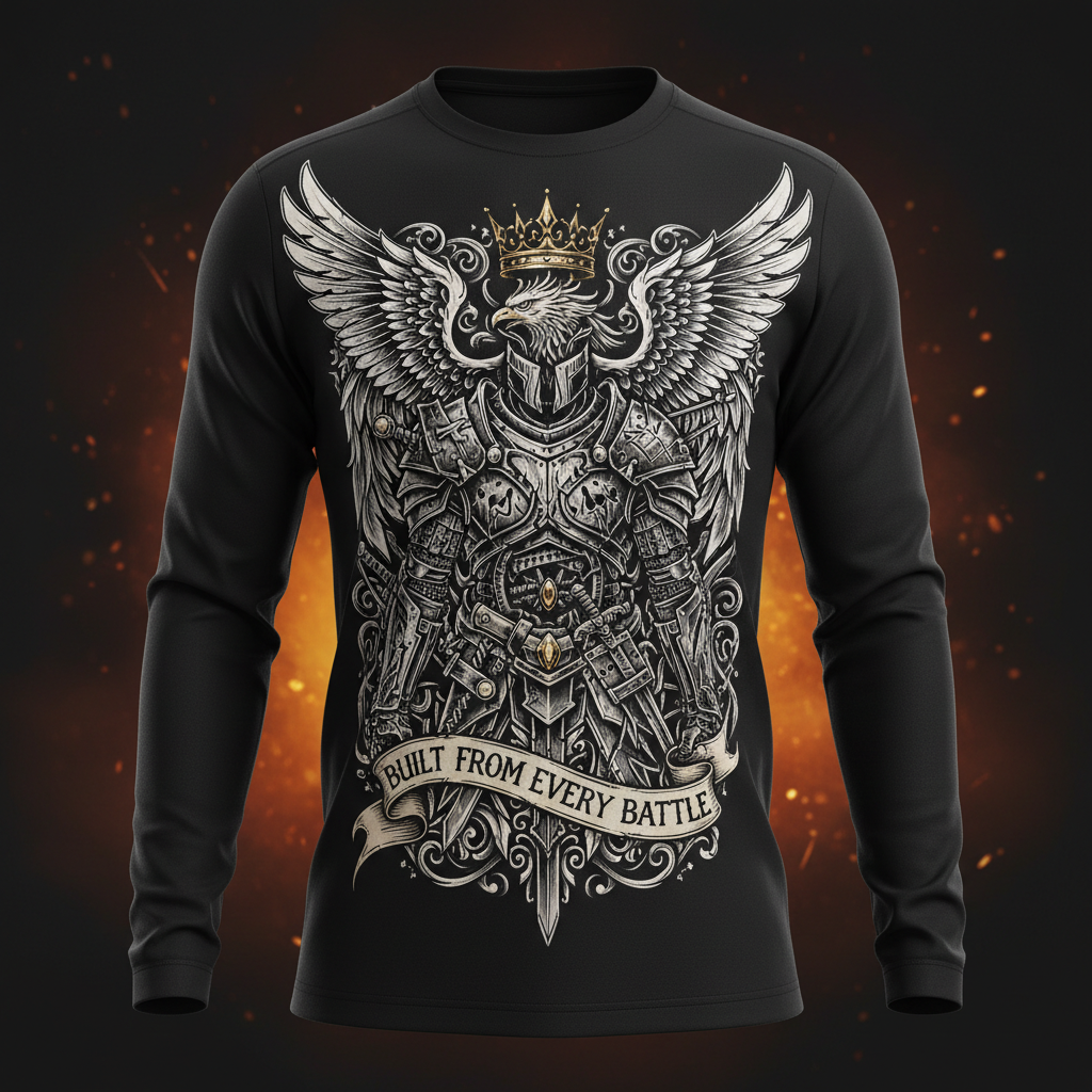 Black long-sleeve tee featuring an eagle-headed knight in armor with crown and "Built From Every Battle" text.
