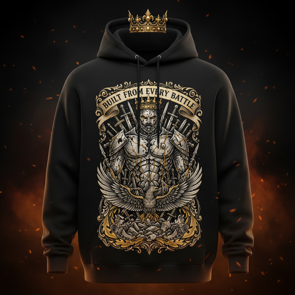 Black hoodie featuring a golden crown, armored warrior, eagle, and "Built From Every Battle" motivational graphic.