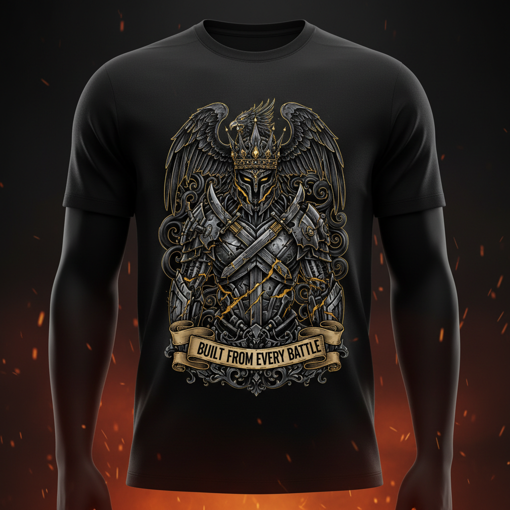 Black t-shirt featuring a winged, crowned warrior in armor with the text "Built From Every Battle" in a gold banner.
