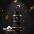 Black and gold bottle of TITAN Caffeine Pills (200mg, 100 count) with white tablets scattered on a dark surface.