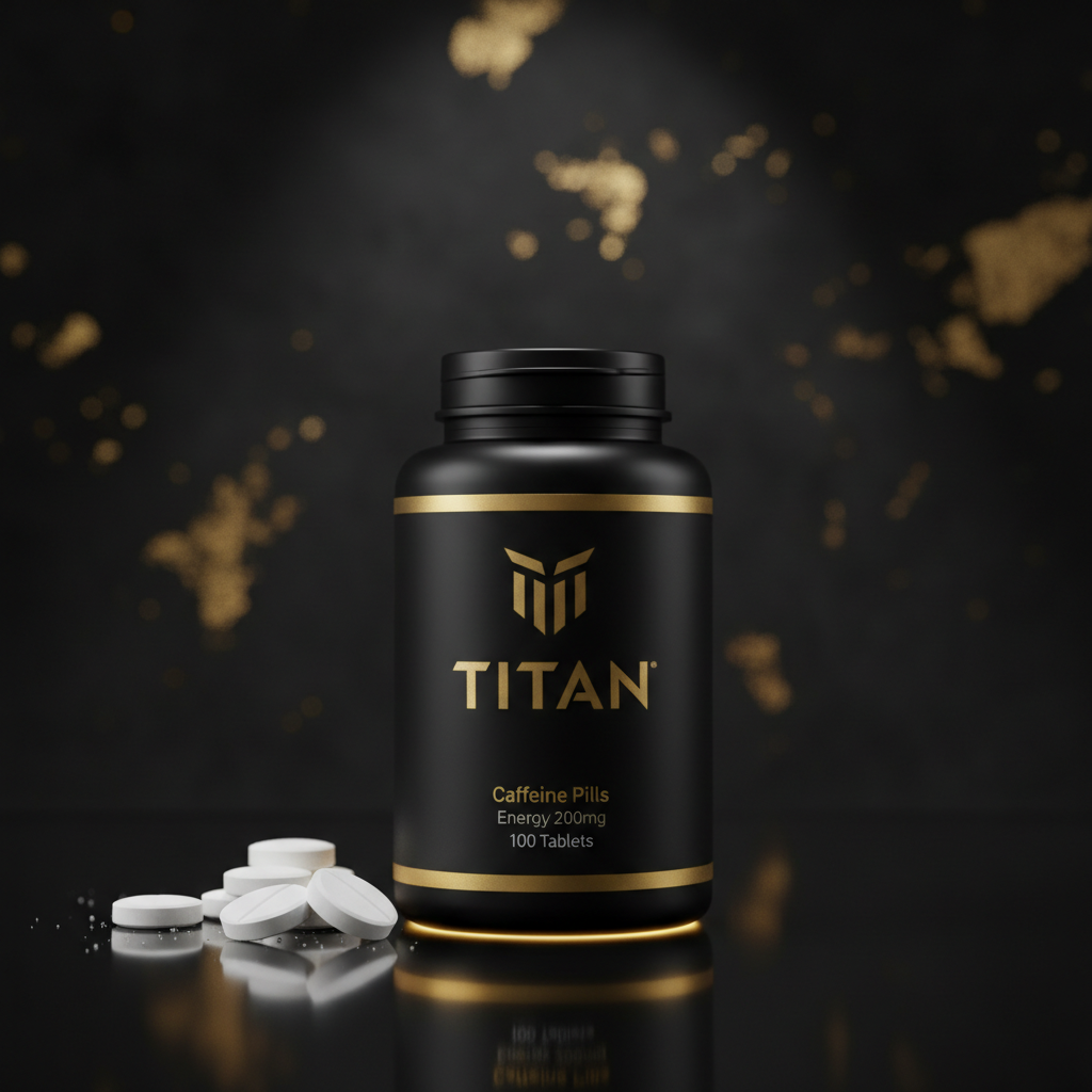 Black and gold bottle of TITAN Caffeine Pills (200mg, 100 count) with white tablets scattered on a dark surface.