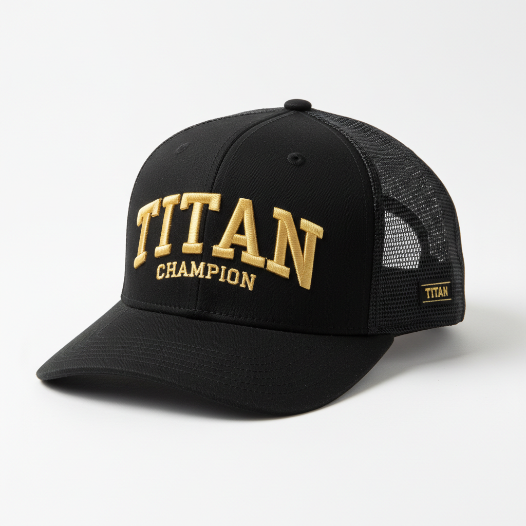 Black mesh-back cap featuring gold embroidered "TITAN CHAMPION" text and a small "TITAN" patch on the side.