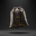 Titan cinch sack in black with gold geometric pattern, purple accents, black cord straps, and branded crown logo.