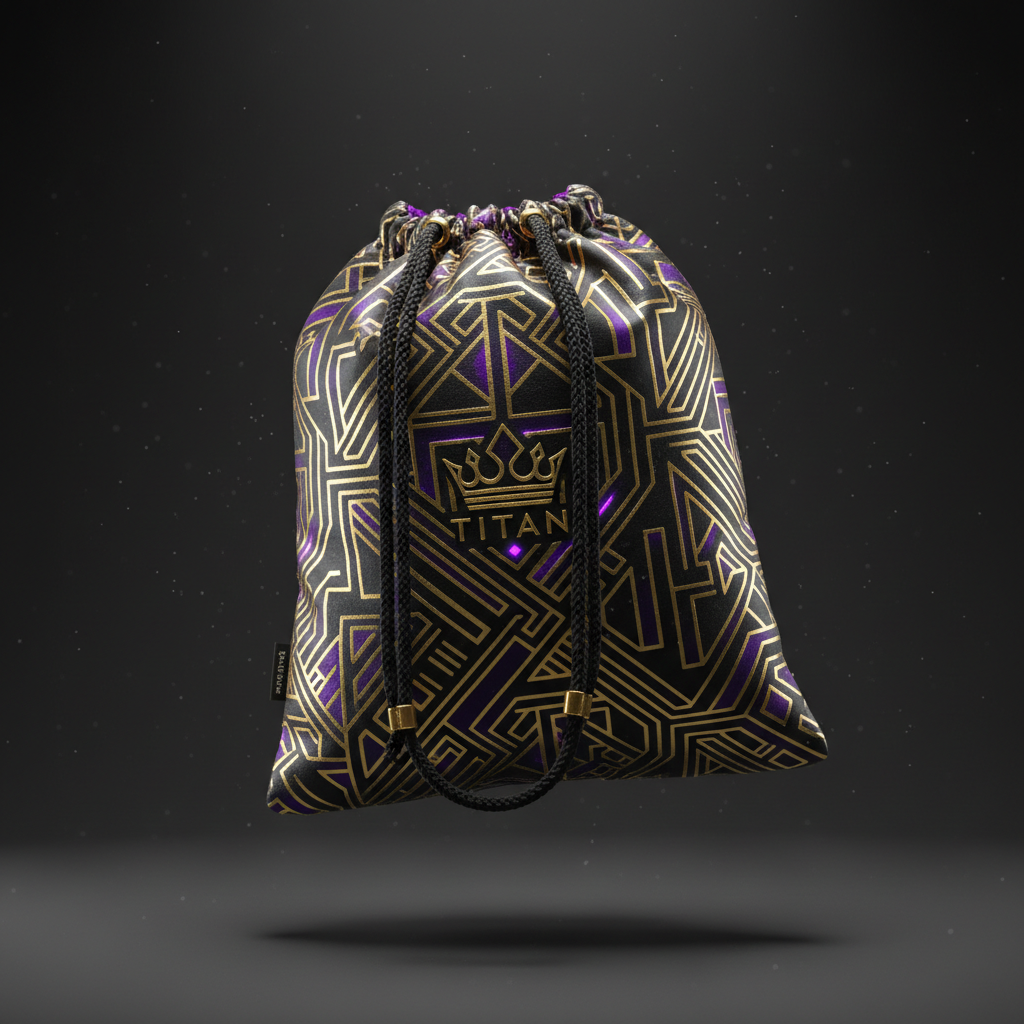 Titan cinch sack in black with gold geometric pattern, purple accents, black cord straps, and branded crown logo.