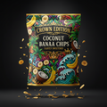 TITAN Coconut Banana Chips in a vibrant tropical, art-deco bag with palm trees, waves, and gold accents on black.