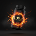 Black supplement bottle with glowing orange fire ring and cordyceps graphics. Gold TITAN SPORT GLOBAL logo on black.