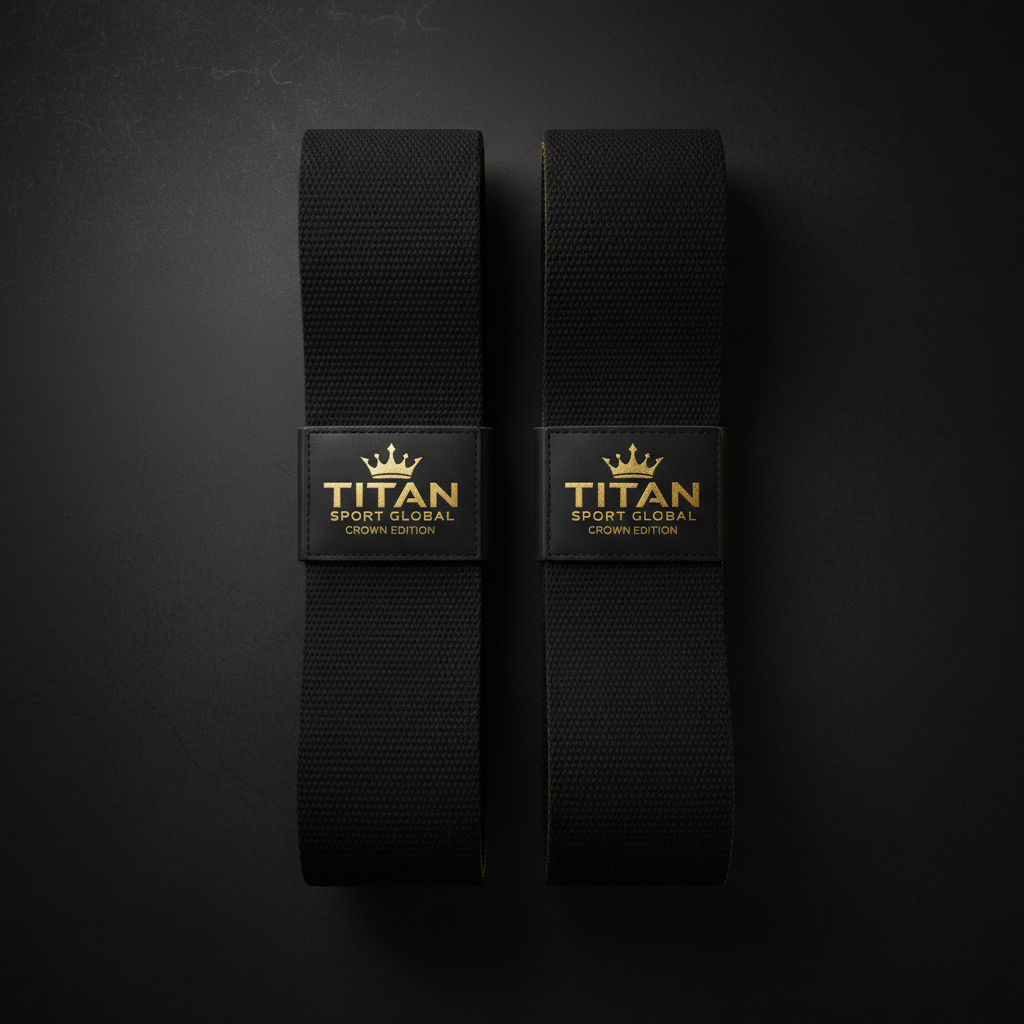 Black cotton lifting straps with gold "TITAN SPORT GLOBAL CROWN EDITION" branding on a sleek black background.