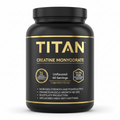 Black tub of TITAN Creatine Monohydrate with gold text and accents. Shows 60 servings, 5g creatine, and benefits list.