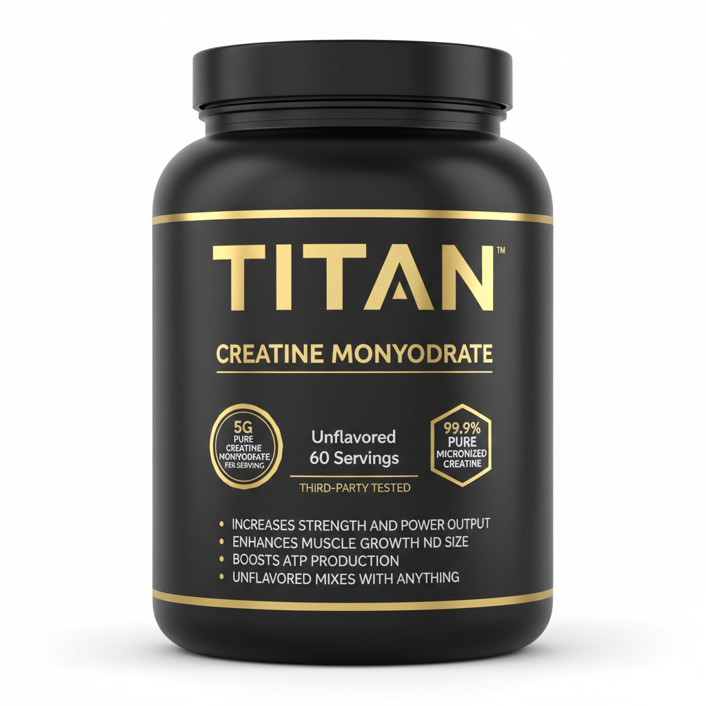 Black tub of TITAN Creatine Monohydrate with gold text and accents. Shows 60 servings, 5g creatine, and benefits list.