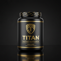 Black tub of TITAN Creatine Monohydrate with gold logo, text, and trim, labeled 100 servings, on black background.