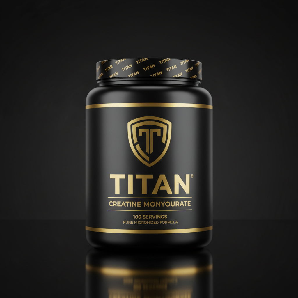 Black tub of TITAN Creatine Monohydrate with gold logo, text, and trim, labeled 100 servings, on black background.