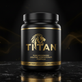 Black tub of TITAN Creatine Monohydrate with gold lion logo and text, set against a dark, moody background.