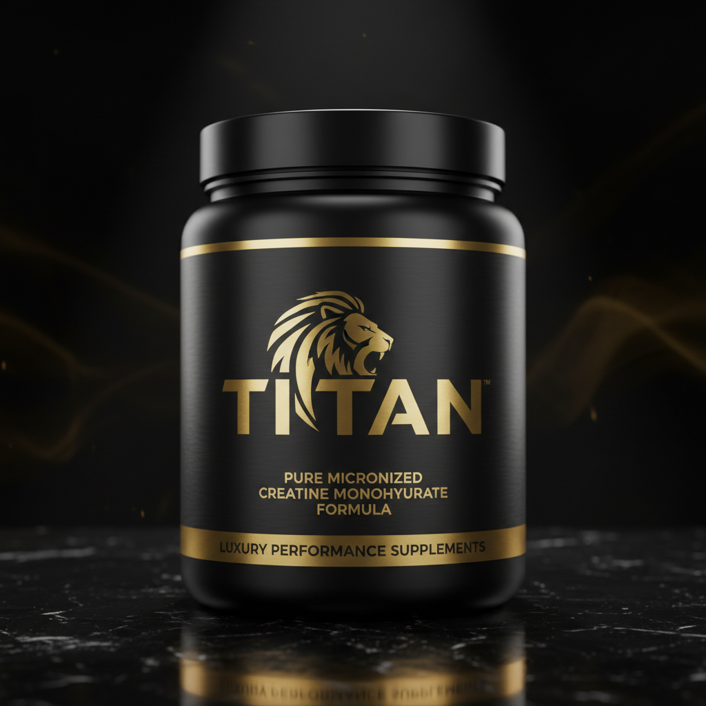 Black supplement jar with gold lion logo, "TITAN" branding, and "Pure Micronized Creatine" text on a marble surface.