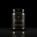 Black tub of TITAN Creatine Monohydrate with gold logo, text, and accent stripes against a dark, reflective background.