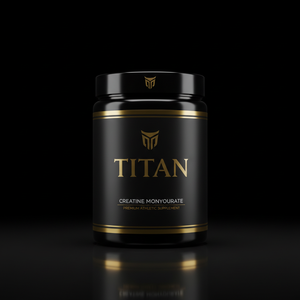 Black tub of TITAN Creatine Monohydrate with gold logo, text, and accent stripes against a dark, reflective background.