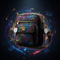 TITAN crossbody bag in a purple and teal crown-patterned print with gold hardware and two attached Apple AirTags.