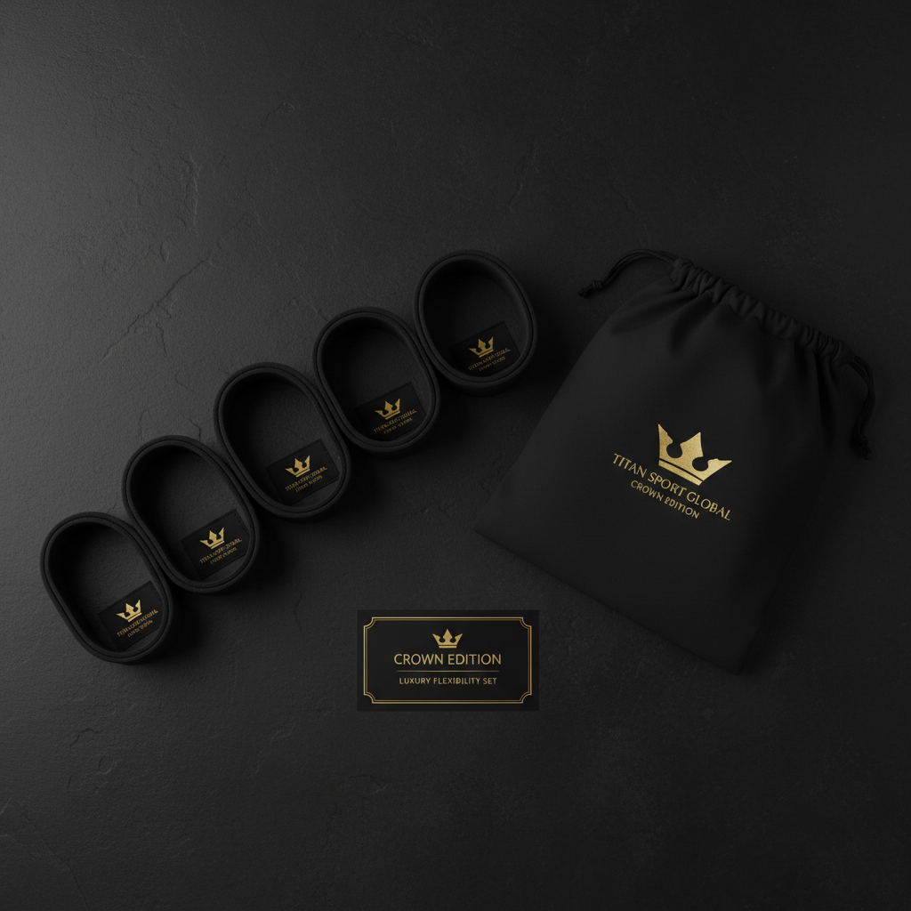 Four black resistance bands, a matching drawstring bag, and a gold-accented box, all with gold crown logos.