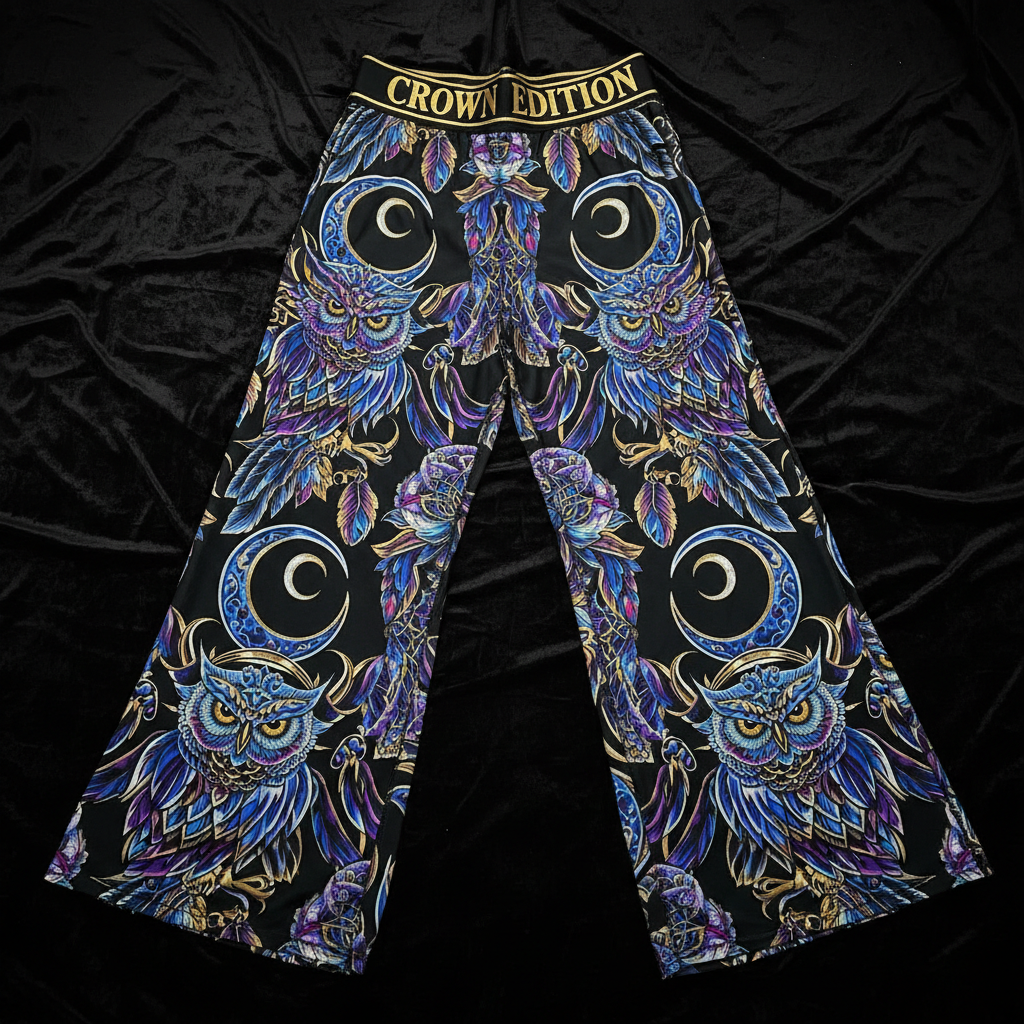 TITAN Crown Edition palazzo pants featuring blue and purple owl and crescent moon tattoo art on a black background.