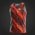 Red and orange lava-patterned tank top with a small, metallic gold crown logo on the left chest.