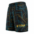 Black athletic shorts with neon blue and yellow circuit board pattern and TITAN SPORT GLOBAL logo on the lower leg.