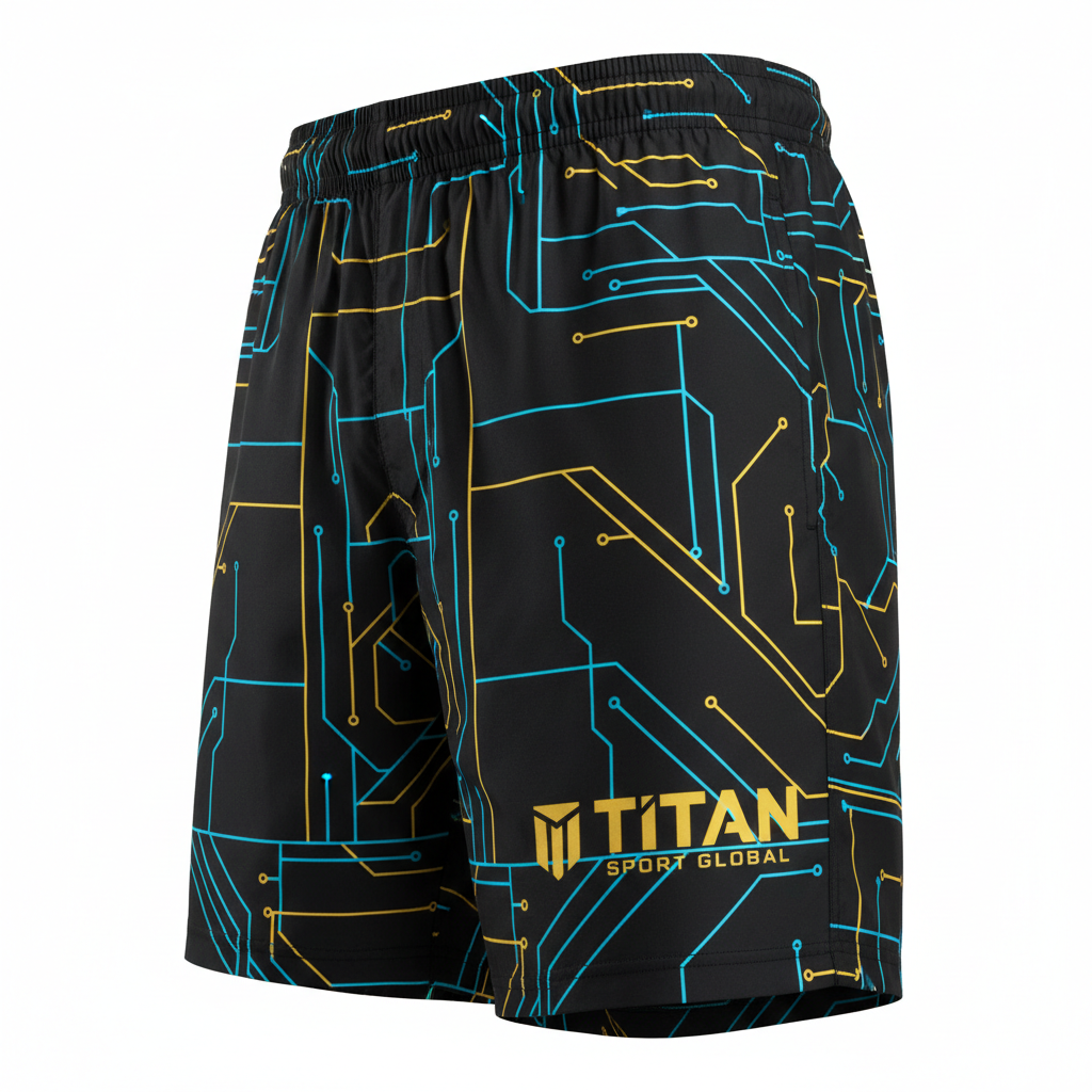 Black athletic shorts with neon blue and yellow circuit board pattern and TITAN SPORT GLOBAL logo on the lower leg.