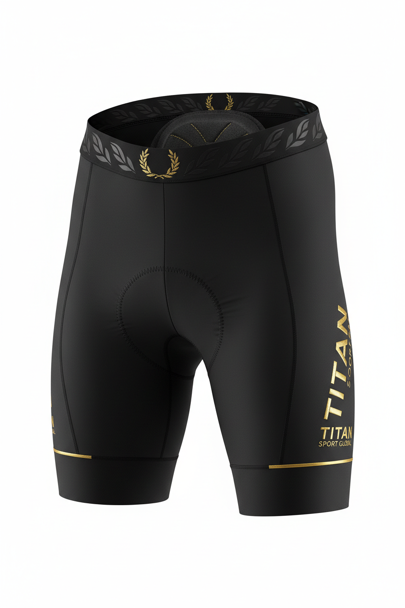 Black cycling shorts with gold Titan Sport Global branding, a laurel-patterned waistband, and reflective leg accents.