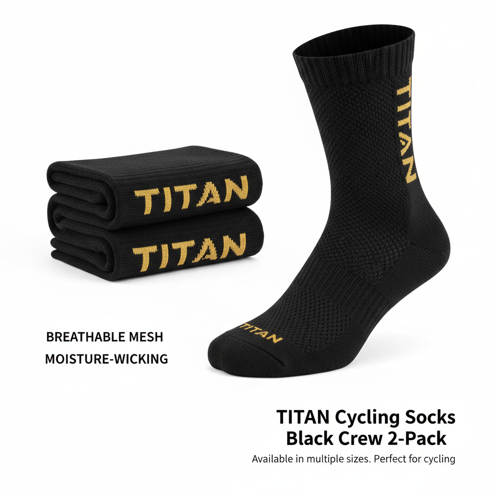 TITAN black crew cycling socks with gold text branding, featuring breathable mesh fabric, in a two-pack set.