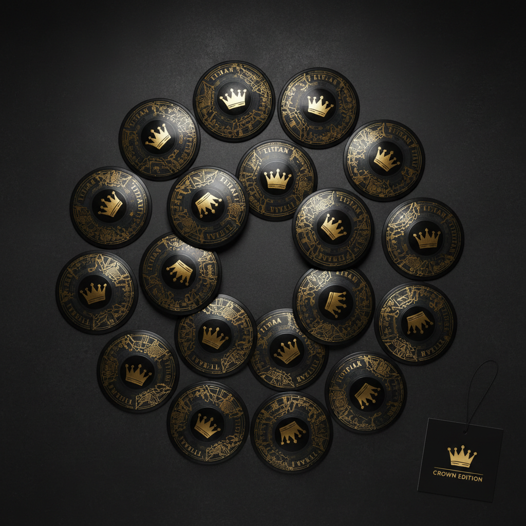 Twenty black flat disc cones with gold crown logos and intricate decorative patterns, arranged on a dark background.