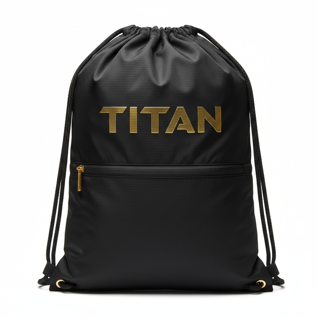Black TITAN drawstring bag with gold logo, front zip pocket, gold hardware, and black rope straps.
