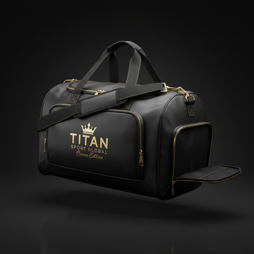 Black 40L Titan Sport Global duffel bag with gold zippers, hardware, and crown logo branding on a black background.
