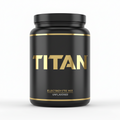 Black container with a black lid, featuring gold "TITAN" branding, "ELECTROLYTE MIX" text, and gold trim lines.