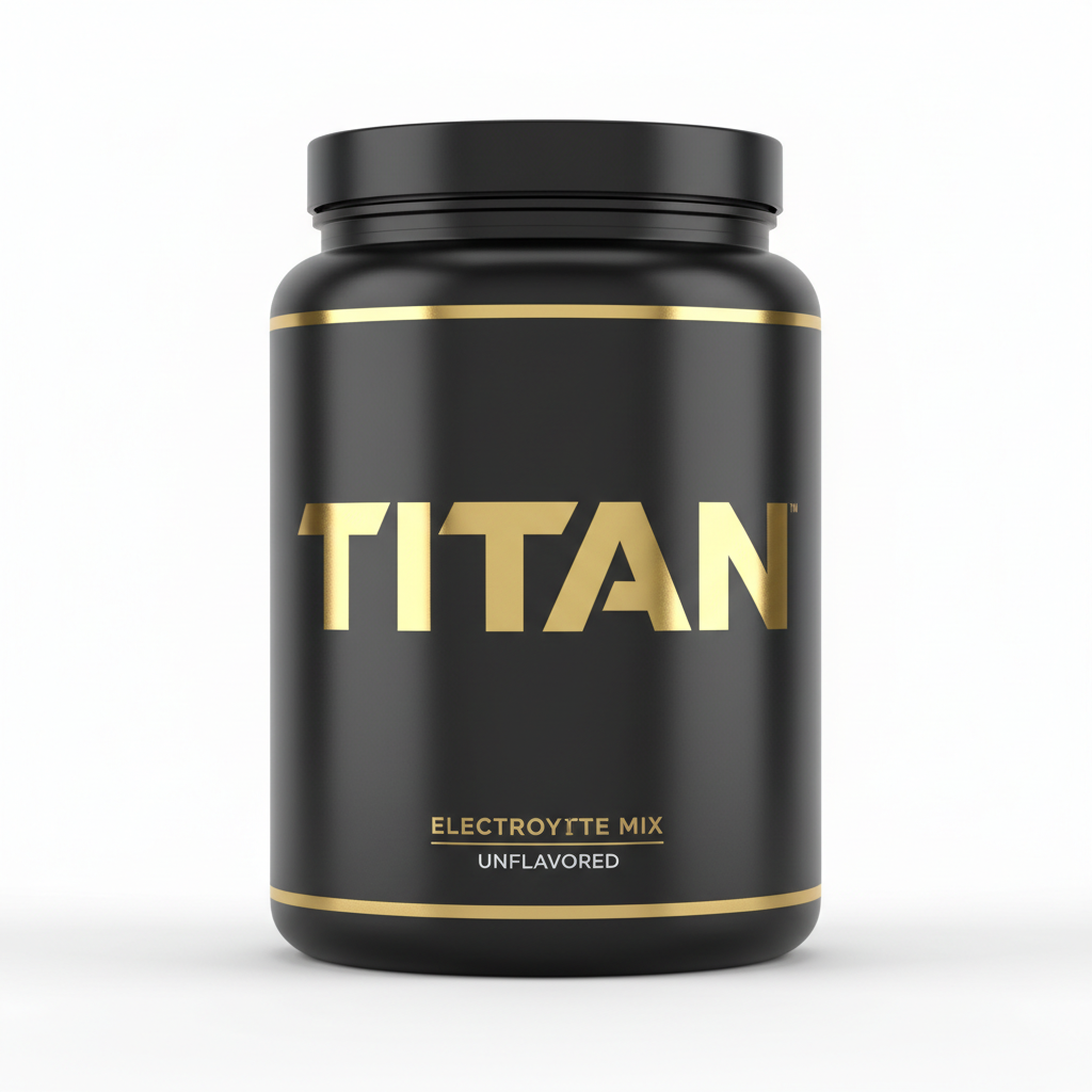 Black container with a black lid, featuring gold "TITAN" branding, "ELECTROLYTE MIX" text, and gold trim lines.