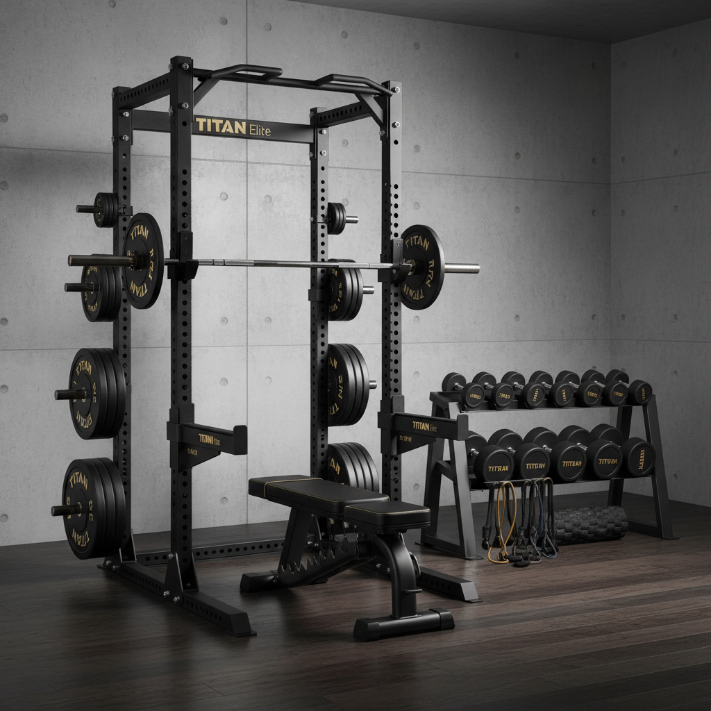 TITAN Elite black power rack with barbell, weights, adjustable bench, dumbbell rack, and bands against concrete wall.