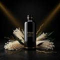 Black glossy bottle with gold "TITAN Enoki Mushroom" text, surrounded by enoki mushrooms, leaves, and golden stems.