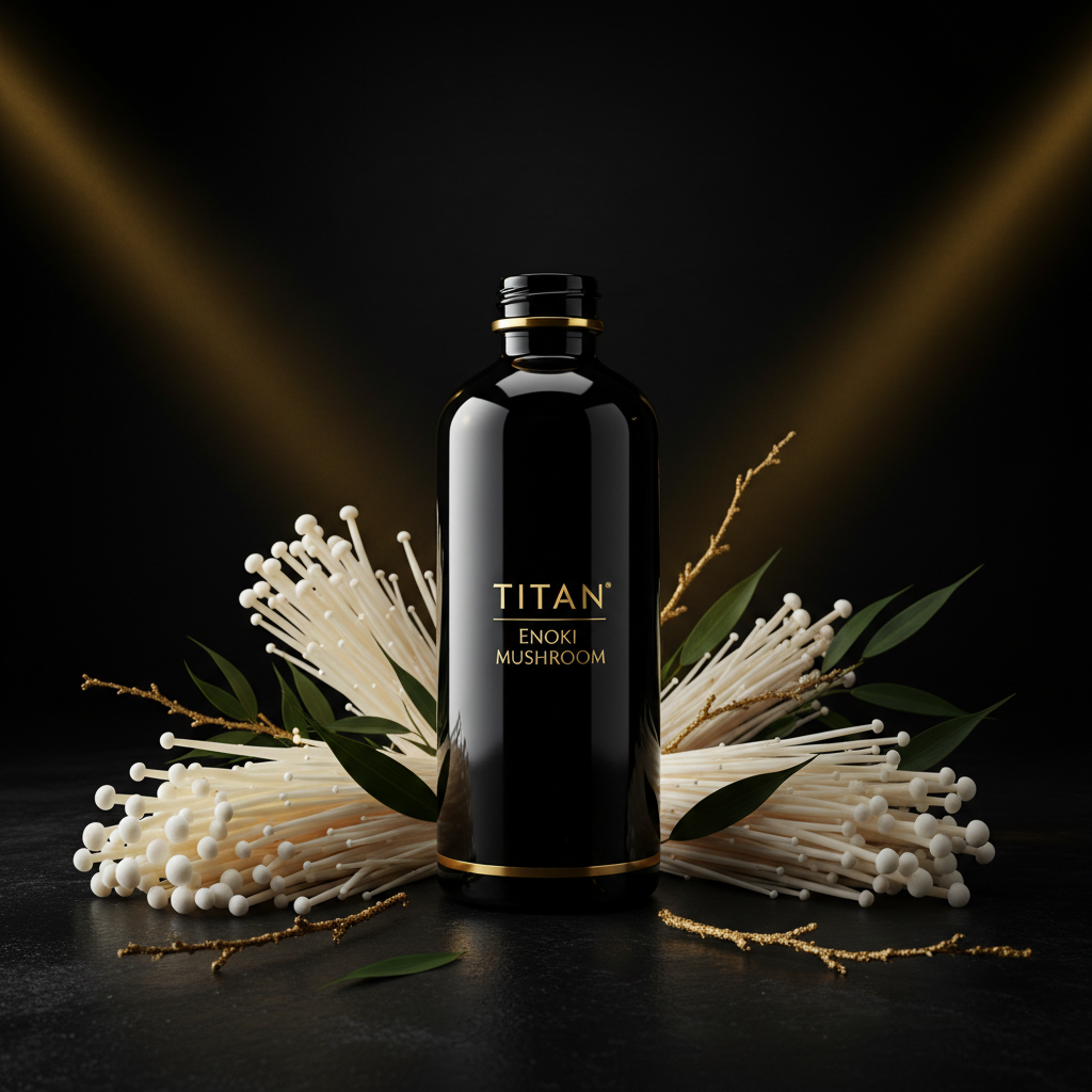 Black glossy bottle with gold "TITAN Enoki Mushroom" text, surrounded by enoki mushrooms, leaves, and golden stems.