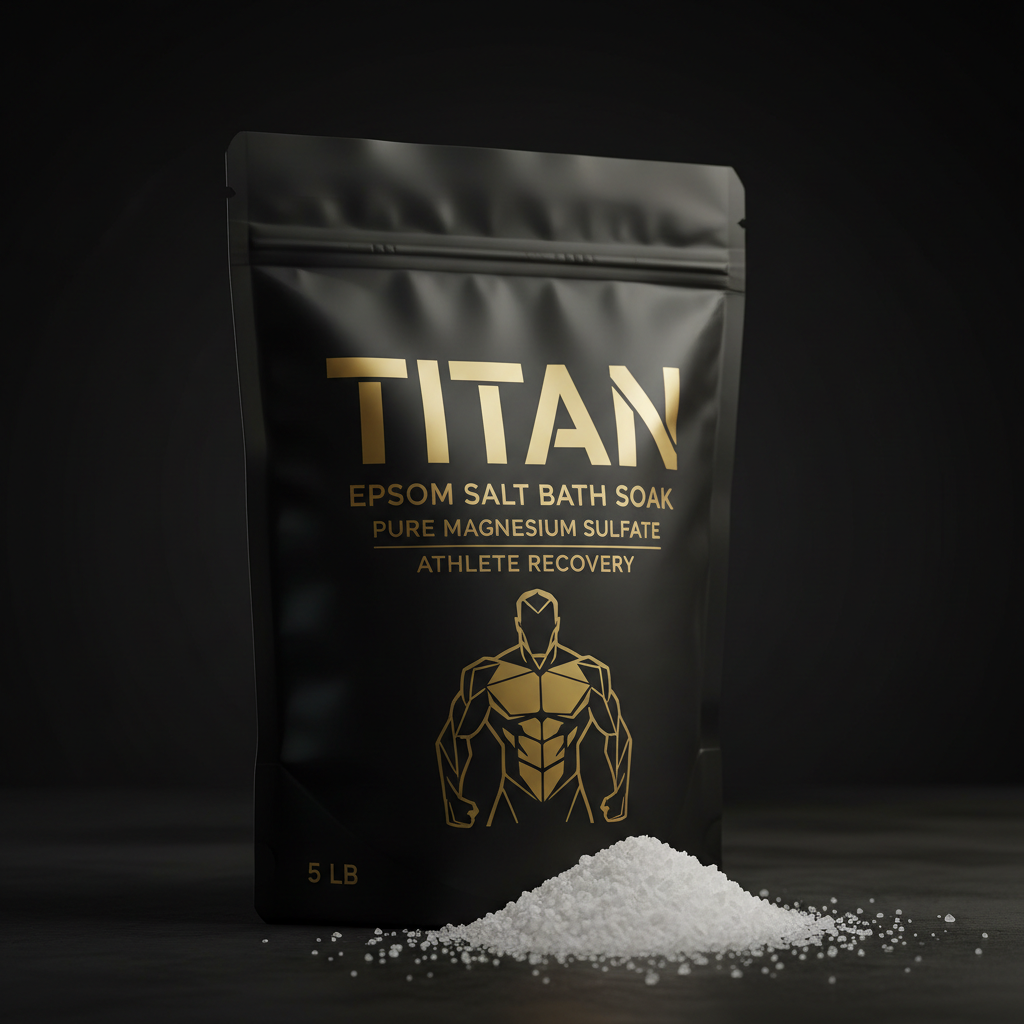 Matte black pouch of TITAN Epsom Salt with gold branding, athletic figure graphic, and a pile of white salt crystals.