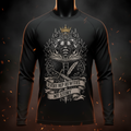 Black long-sleeve shirt featuring a kingly warrior, open book, and "Every Rep Rewrites My Story" motivational print.