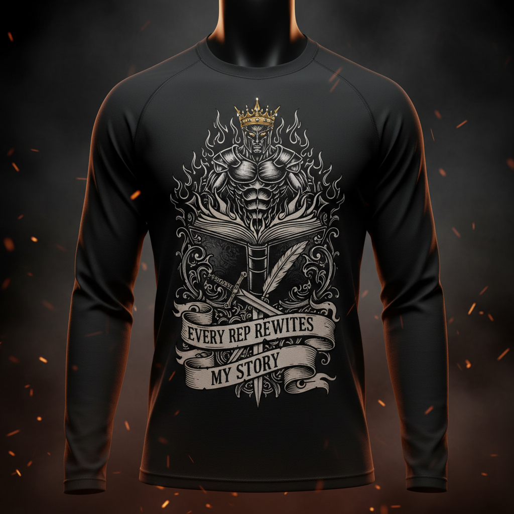 Black long-sleeve shirt featuring a kingly warrior, open book, and "Every Rep Rewrites My Story" motivational print.