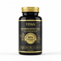 Black bottle of Titan Fenugreek Extract Elite with gold text and cap, highlighting 80% saponins and 60 capsules.