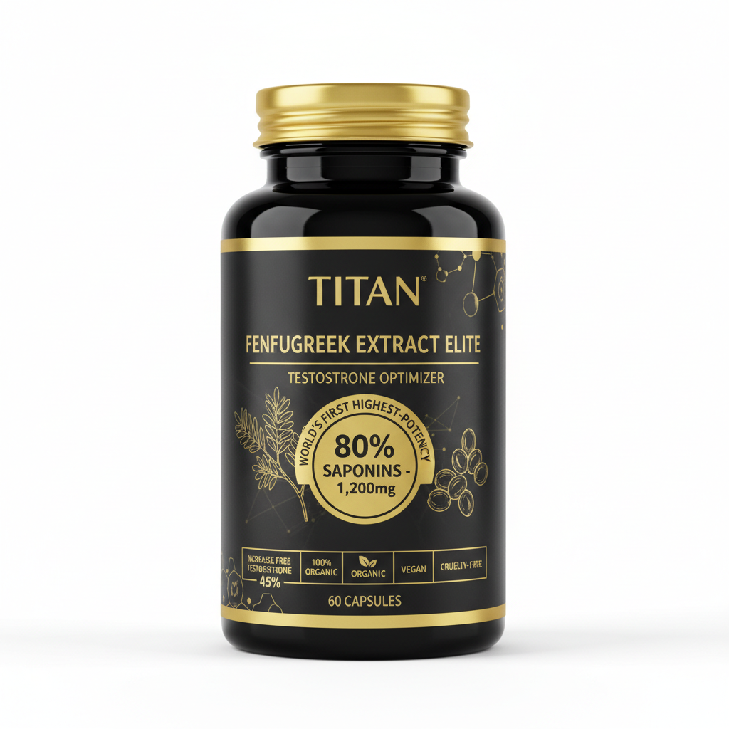 Black bottle of Titan Fenugreek Extract Elite with gold text and cap, highlighting 80% saponins and 60 capsules.
