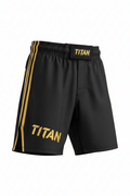 Black TITAN fight shorts with gold side stripes, gold TITAN branding, and a secure front velcro closure.