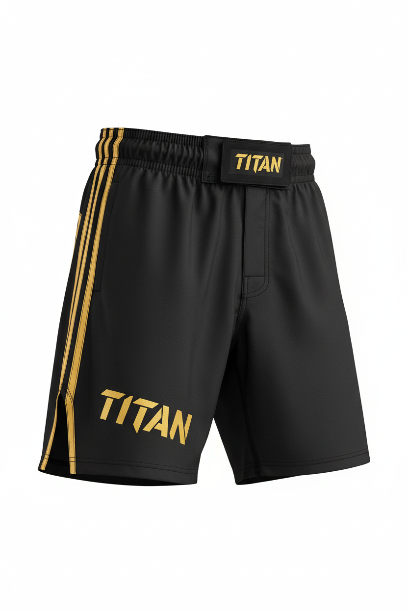 Black TITAN fight shorts with gold side stripes, gold TITAN branding, and a secure front velcro closure.