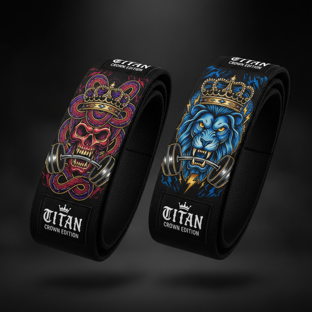 Two Titan Crown Edition black figure-8 lifting straps with skull-snake and lion graphics holding barbells in teeth.