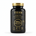 Black bottle of Titan Fisetin Strawberry Extract with gold cap and text, featuring molecular graphics and icons.