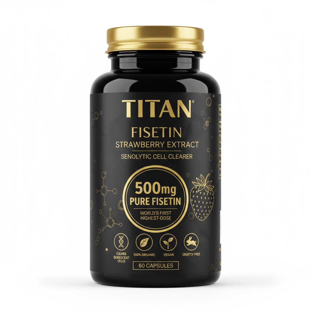 Black bottle of Titan Fisetin Strawberry Extract with gold cap and text, featuring molecular graphics and icons.