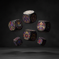 Five floating black fitness dice featuring intricate, colorful crowns, shields, and gym gear graphics on a dark background.