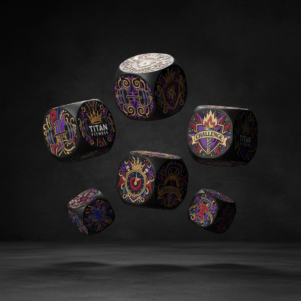 Five floating black fitness dice featuring intricate, colorful crowns, shields, and gym gear graphics on a dark background.