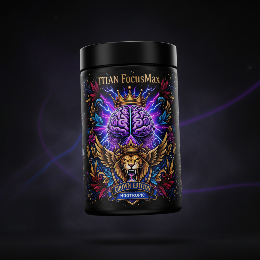 Black tub of TITAN FocusMax with vibrant brain, winged lion, gold crown, and electric purple lightning on dark background.