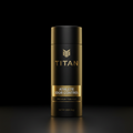 Matte black cylindrical container with gold TITAN logo and "ATHLETE ODOR CONTROL" text on a black background.