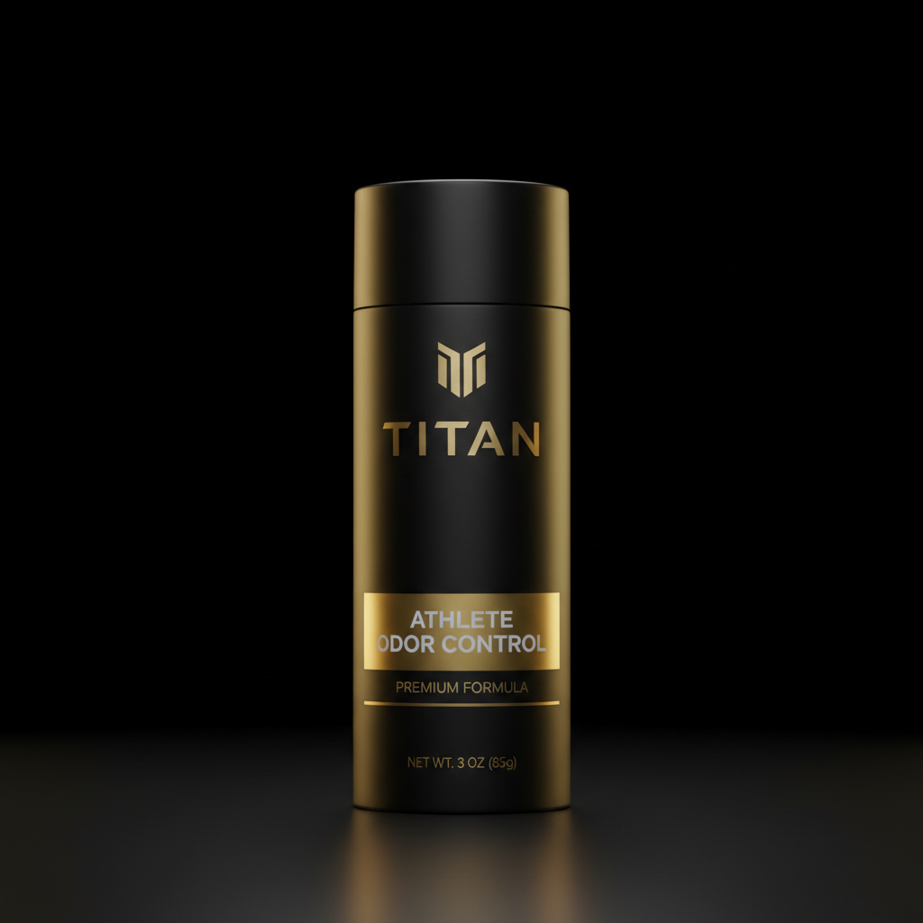 Matte black cylindrical container with gold TITAN logo and "ATHLETE ODOR CONTROL" text on a black background.